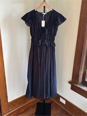 moon river navy tie detail midi dress Moon River Tube Top Striped Detail Midi Dress